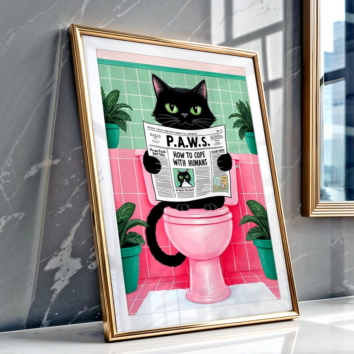 Black Cat Reading P.A.W.S. Newspaper on Pink Toilet Funny Poster - Image 5