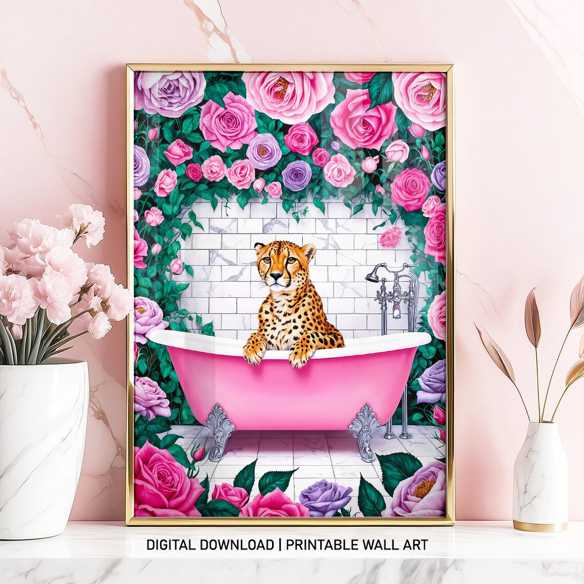 Cheetah In Pink Bathtub Surrounded By Roses Bathroom Wall Poster - Image 3