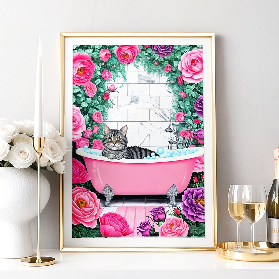 Grey Tabby Cat Relaxing In Pink Bubble Bath With Roses Poster - Image 3