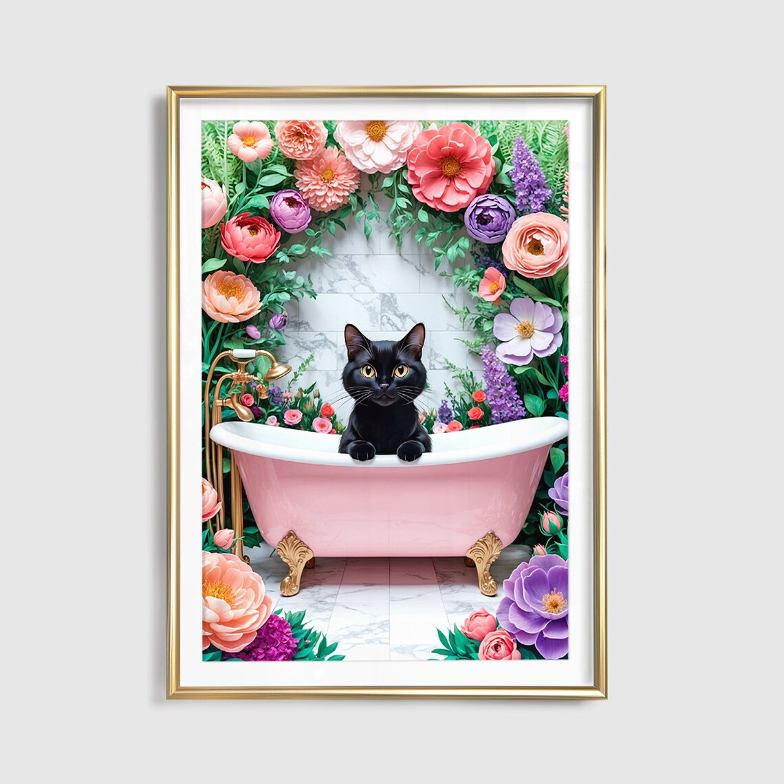 Black Cat Coral Floral Pink Bathtub Rose Garden Bathroom Wall Poster - Image 2