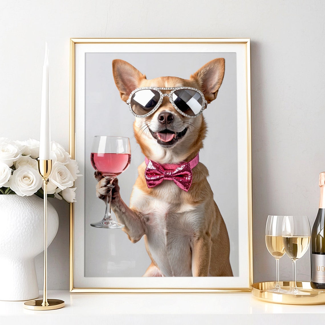 Chihuahua Wall Art Chihuahua Pink Gin Print Chihuahua Poster Funny Dog Gift Dog Drinking Trendy Bar Cart Print Cocktail Print - Image 2