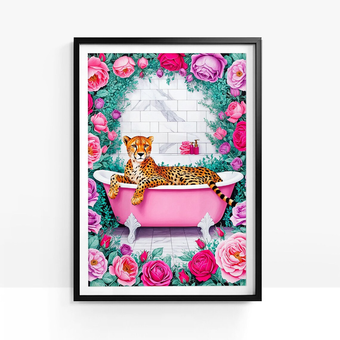 Cheetah Pink Bathtub Roses Luxury Funny Bathroom Decor Poster - Image 3