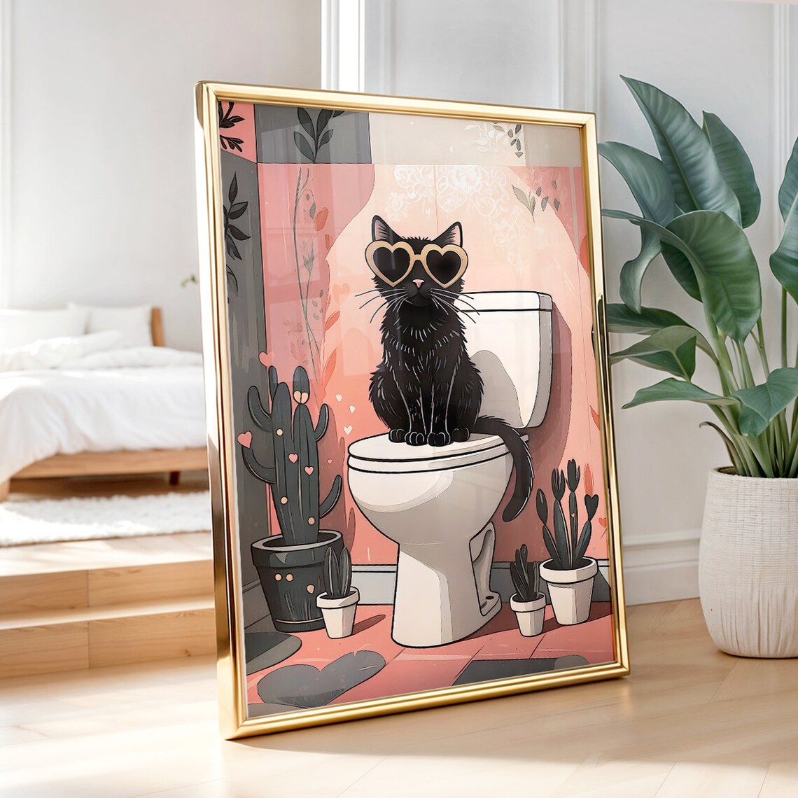 Black Cat With Heart Sunglasses On Toilet In Pink Bathroom Poster - Image 3