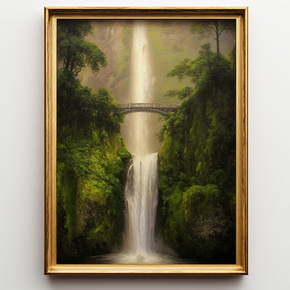Multnomah Falls Oregon Stone Bridge Mossy Gorge Waterfall Art Poster