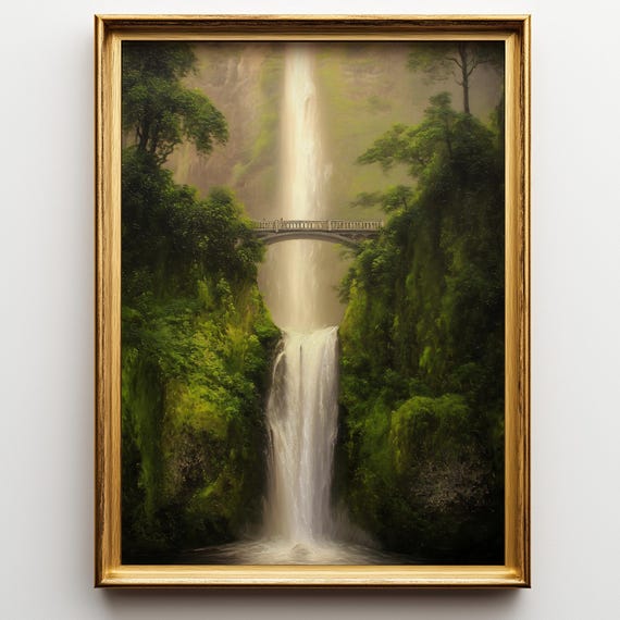 Waterfall Landscape Wall Art Nature Painting Tranquil Green Forest Poster Serene Scenic Home Decor