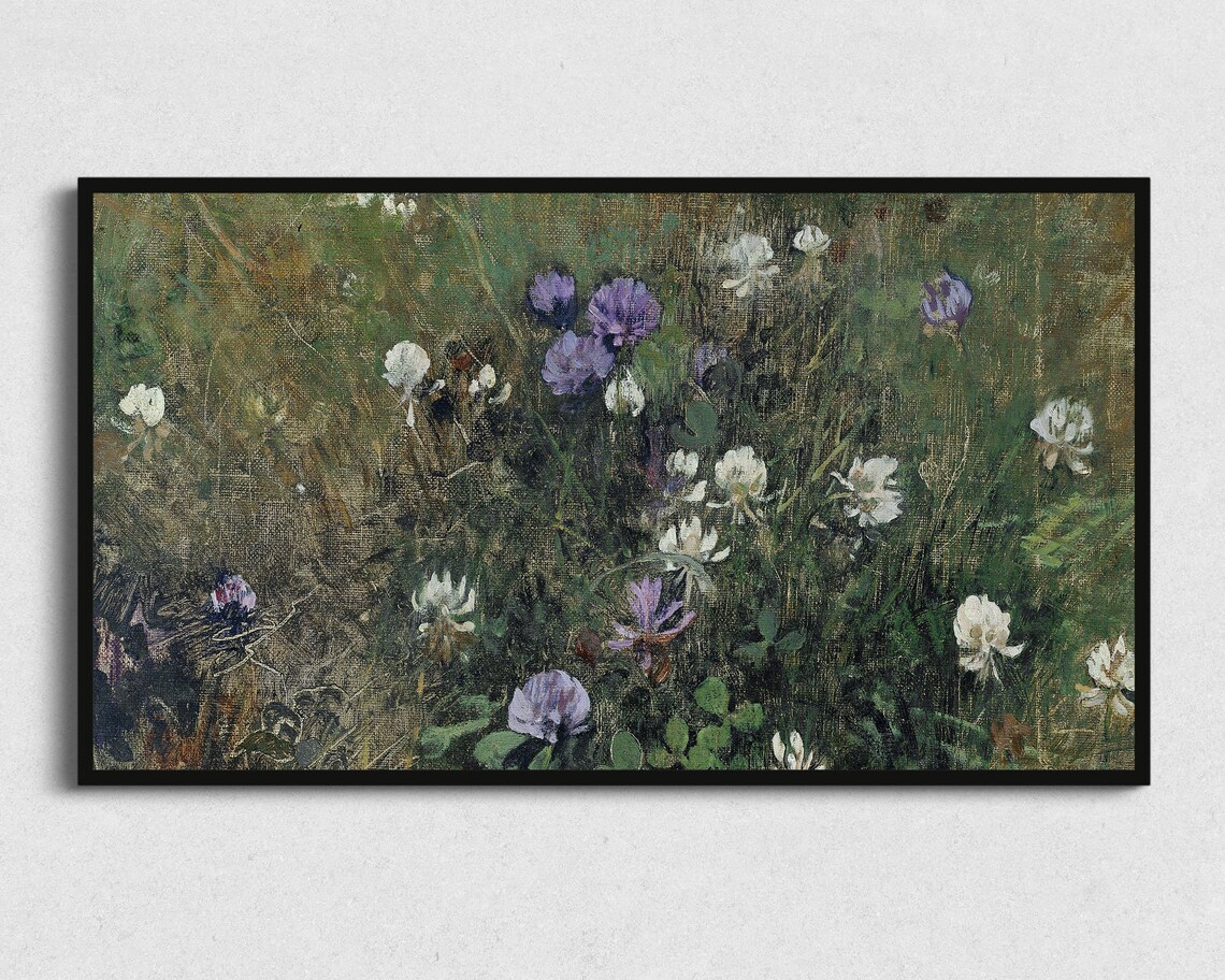 Purple White Wildflowers Dark Meadow Vintage Floral Painting Poster