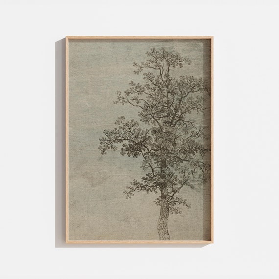 Vintage Sage Green Muted Tree Drawing Landscape Art
