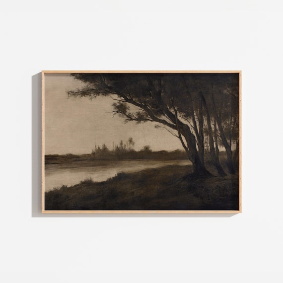 Vintage Moody Rustic Landscape Painting Tree Oil Painting Farmhouse Cottage Landscape Forest Painting Art