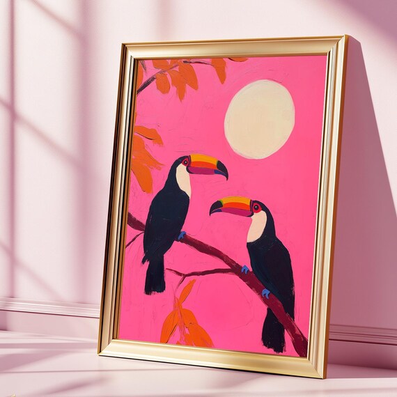 Two Toucans on a Branch Hot Pink Jungle Colorful Tropical Bird Painting Poster