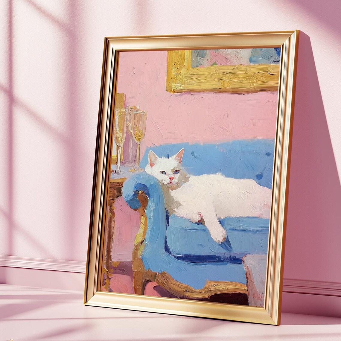 White Cat on a Blue Sofa Elegant Vintage Style Painting Poster