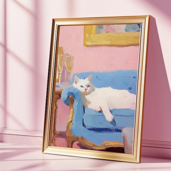 White Cat on a Blue Sofa Elegant Vintage Style Painting Poster