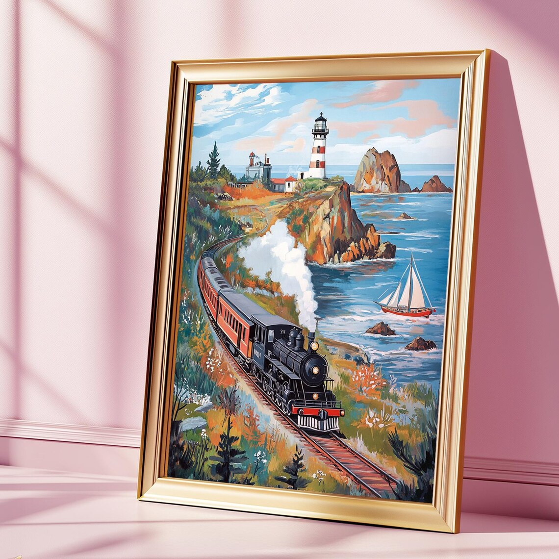 Vintage Steam Train Coastal Lighthouse Retro Travel Art Poster