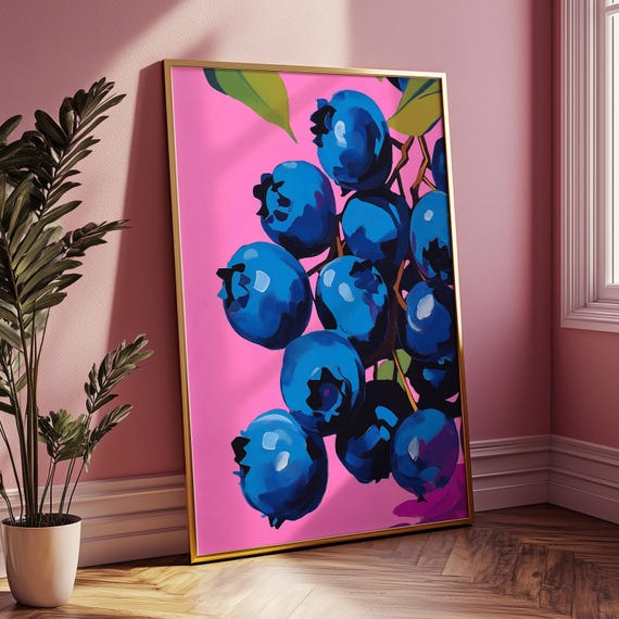 Bold Blueberry Wall Art Print Colorful Fruit Illustration For Kitchen Decor Modern Botanical Poster Vibrant Summer Farmhouse Artwork