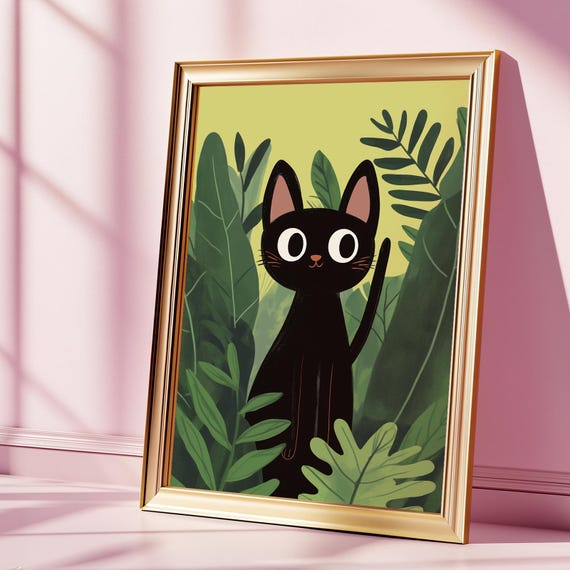 Cute Black Cat Wall Art Jungle Botanical Print Whimsical Animal Poster Playful Room Decor Gift For Lovers