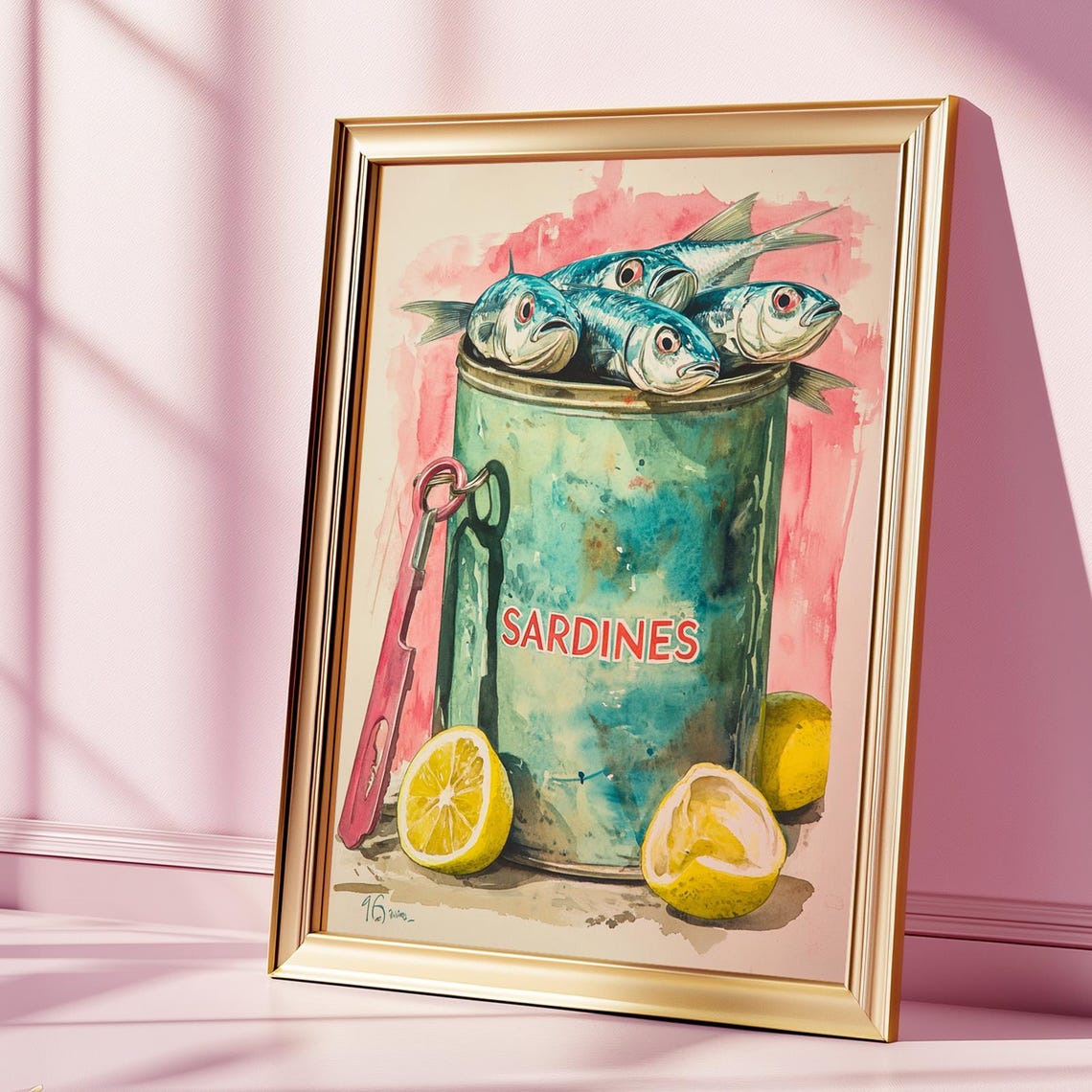 Sardines Tin Watercolor Lemons Retro Kitchen Fun Food Poster