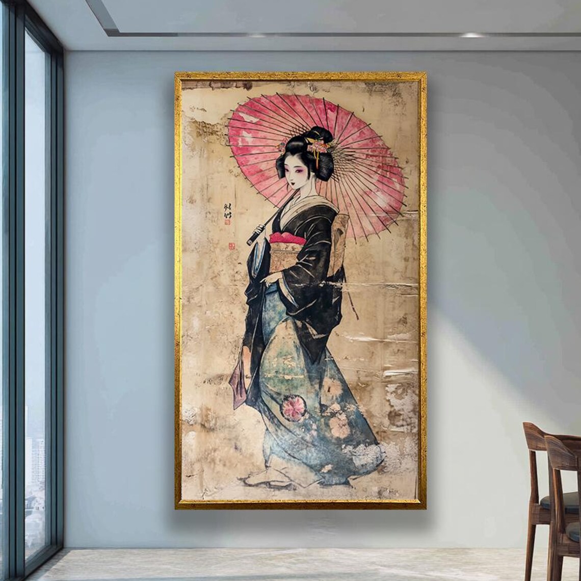 Vintage Japanese Geisha Holding a Pink Parasol Parchment Poster