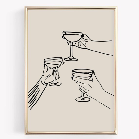 Toast Cheers Cocktail Coupe Glasses Minimal Line Art Bar Poster