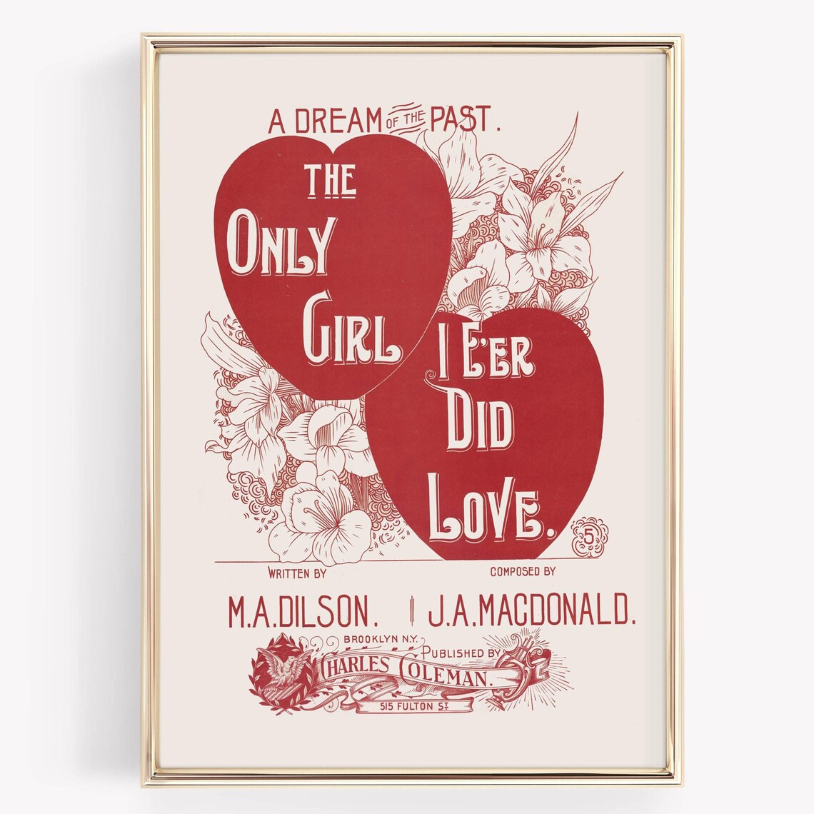 The Only Girl I Eer Did Love Antique Heart Sheet Music Art Poster
