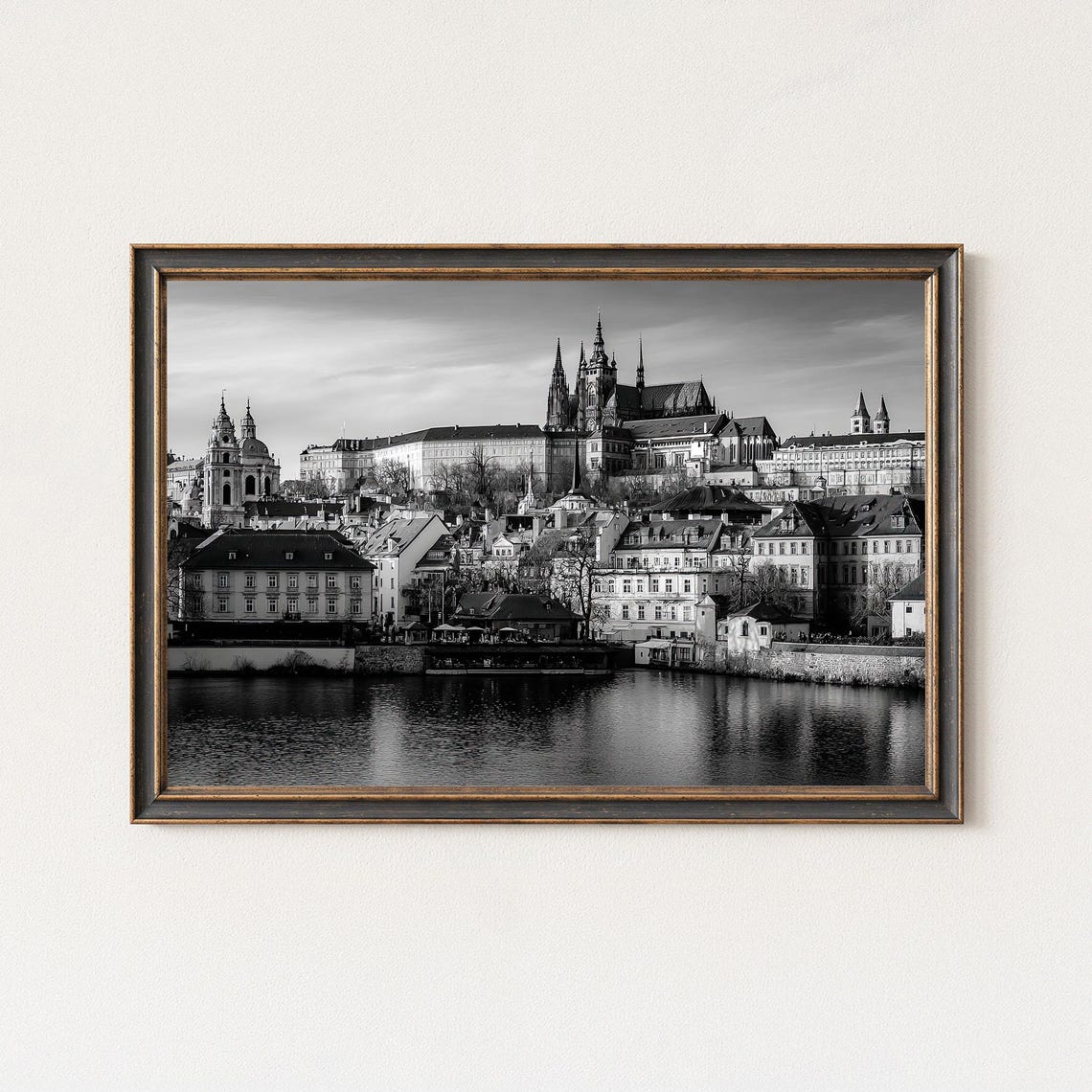 Prague Castle Black and White Photography Vltava River Poster