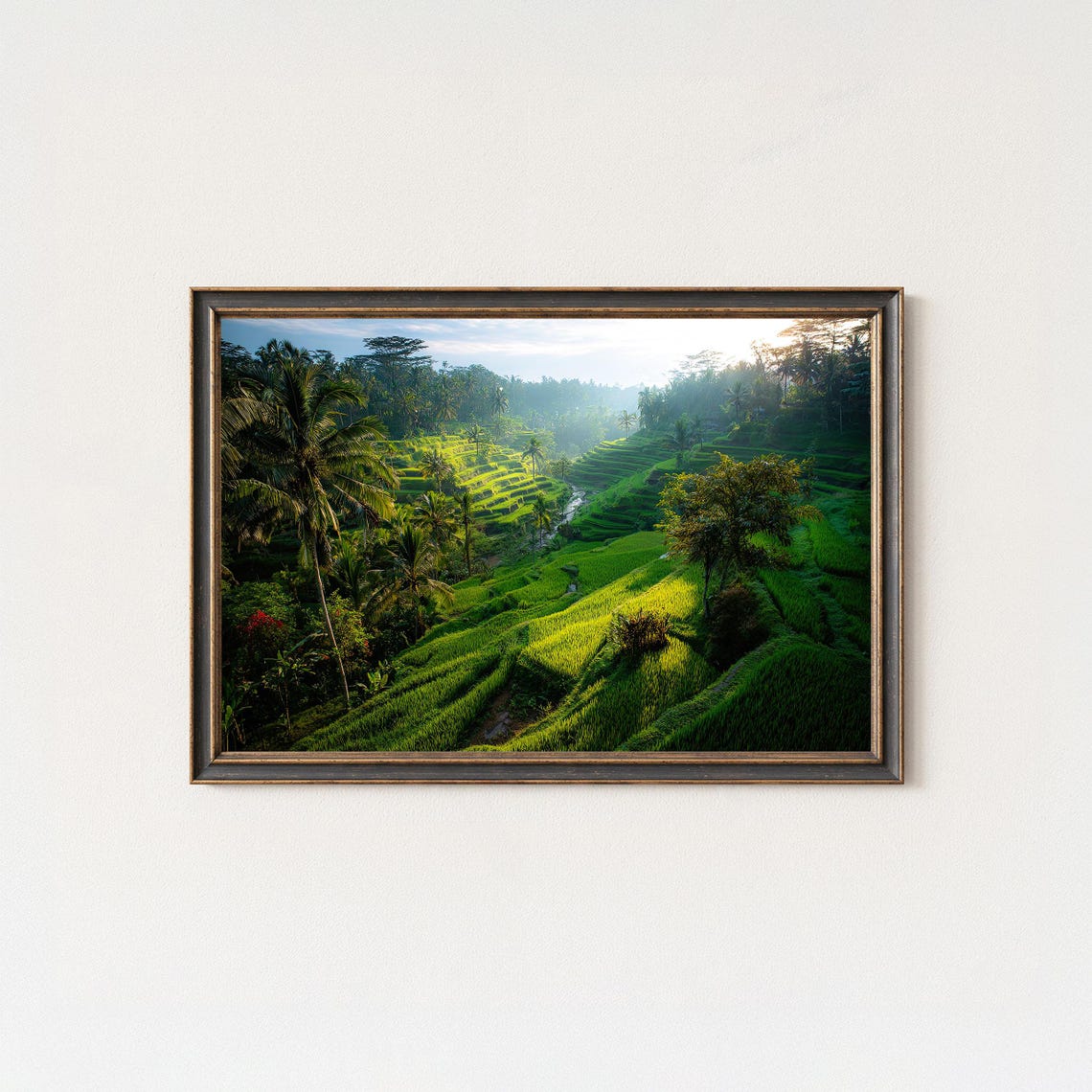 Sunrise Over Bali Rice Terraces Lush Green Valley Landscape Poster