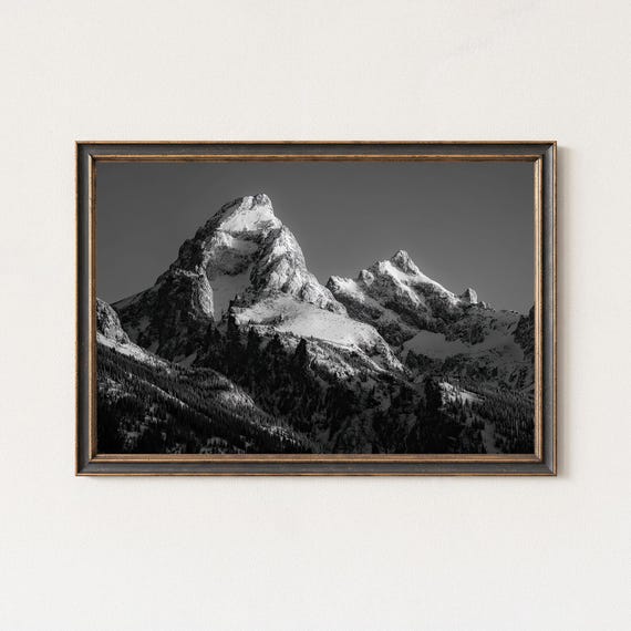 Grand Teton Black And White Snowy Mountain Landscape Wall Art Print