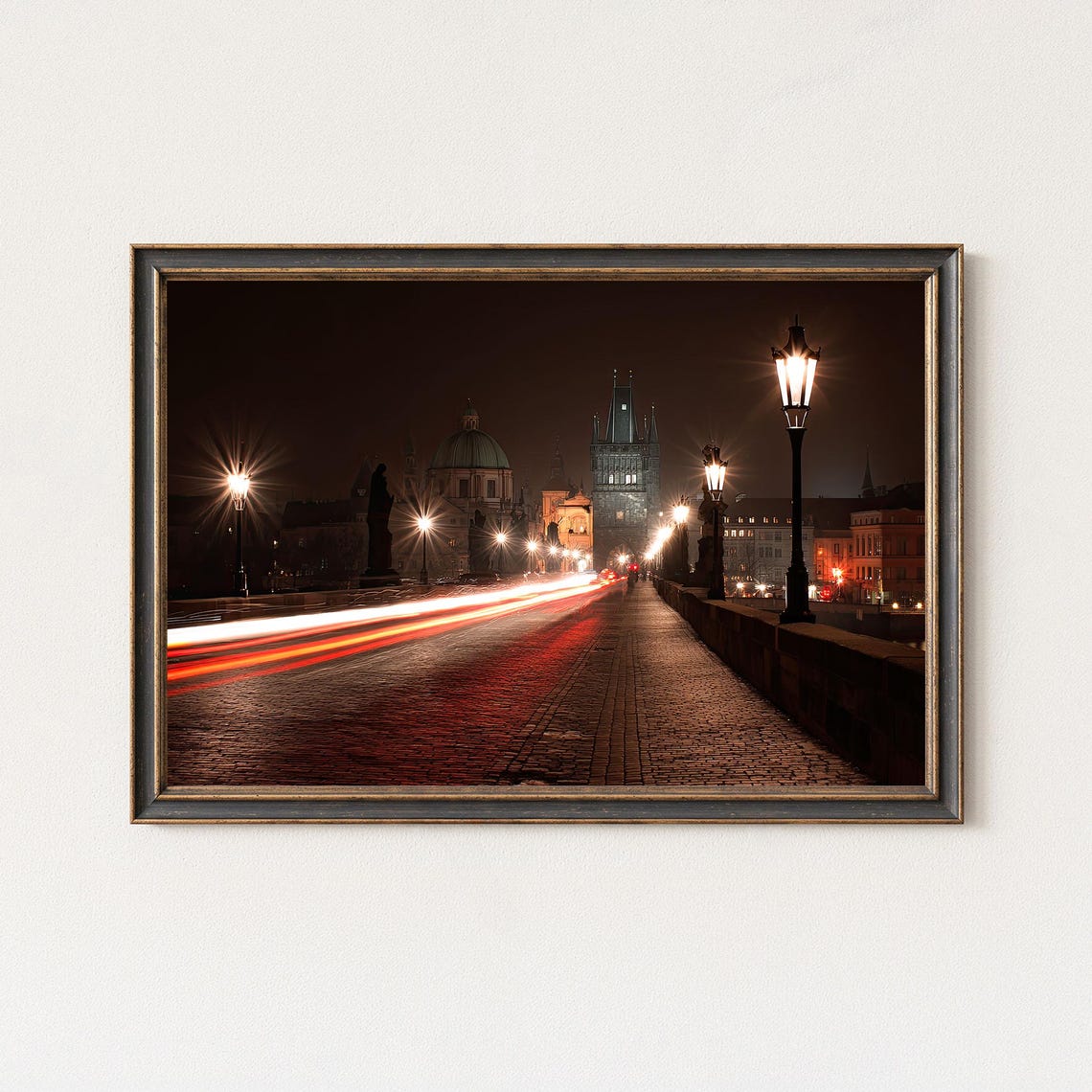 Prague Charles Bridge Night Cobblestones Light Trails Poster