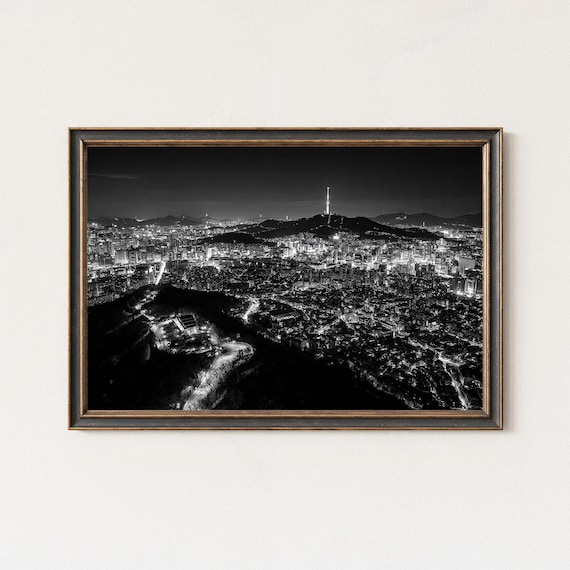 Seoul Skyline Black And White Namsan Tower Night Photography