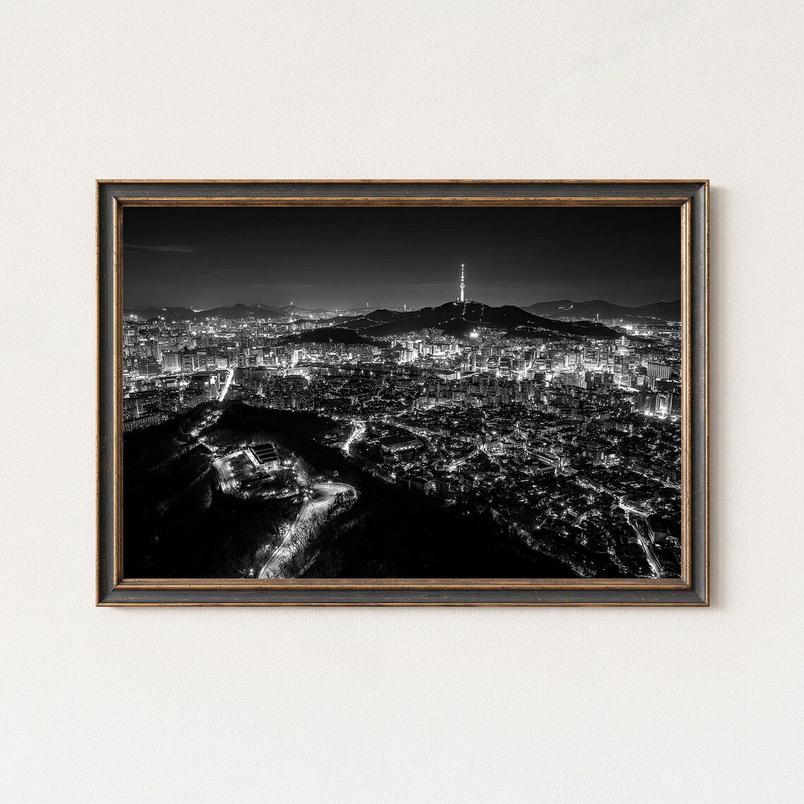 Seoul Skyline Black And White Namsan Tower Night Photography