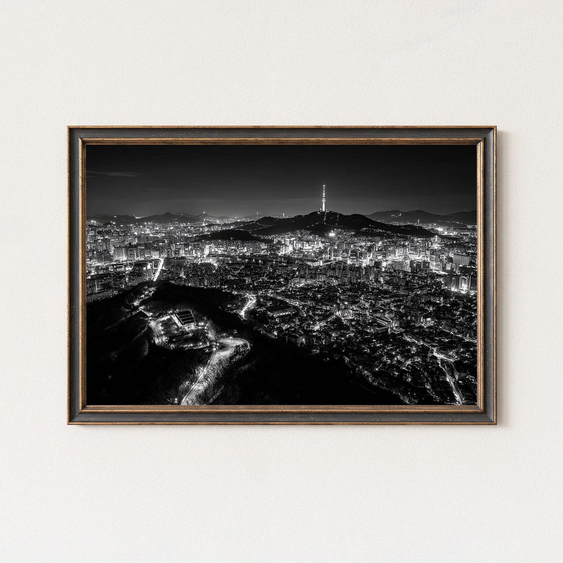 Seoul South Korea Night Skyline Black and White Panorama Poster