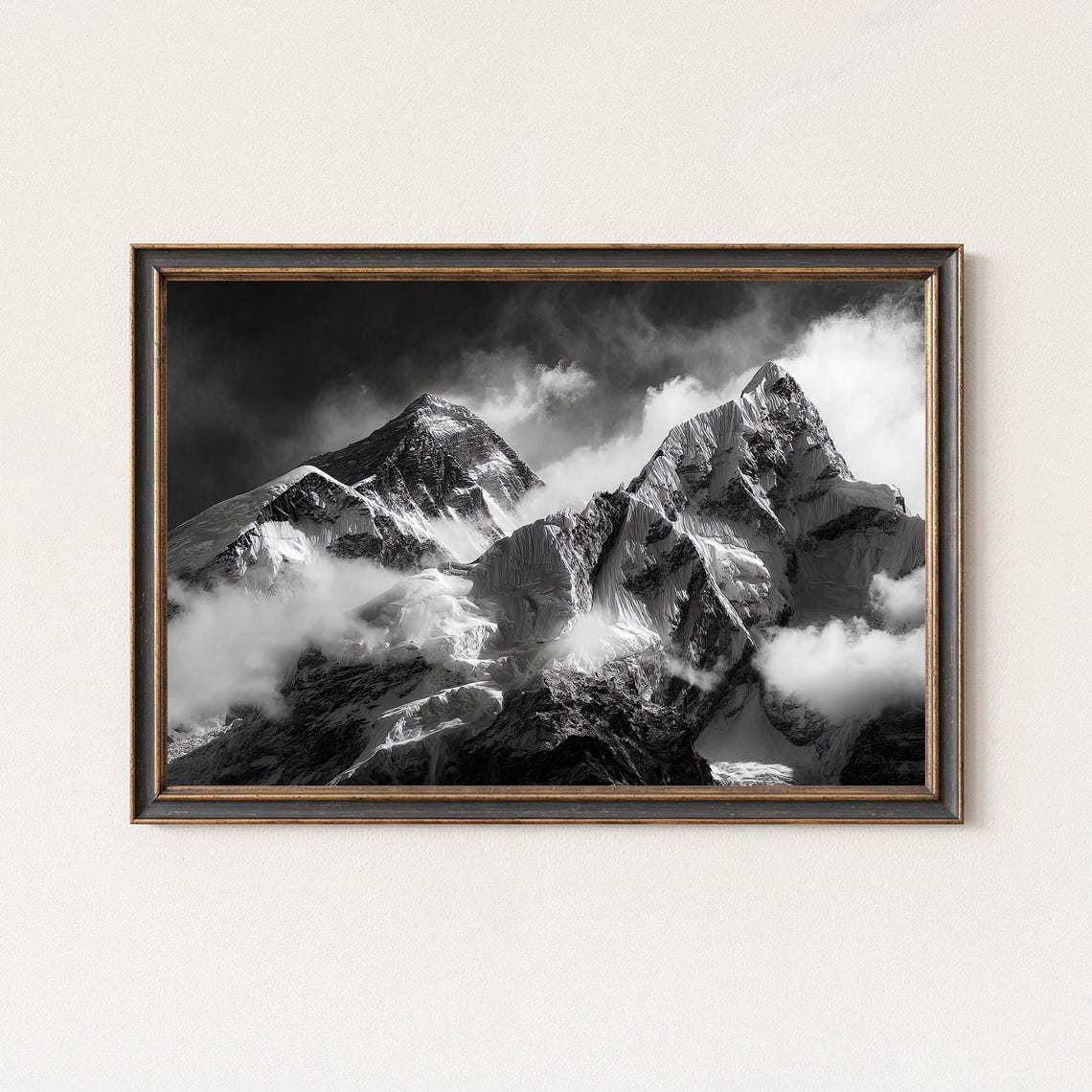 Mount Everest Himalayan Peaks Clouds Black White Photo Poster
