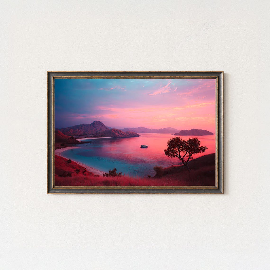 Komodo Island Pink Sunset Bay Lone Boat Pastel Seascape Photo Poster