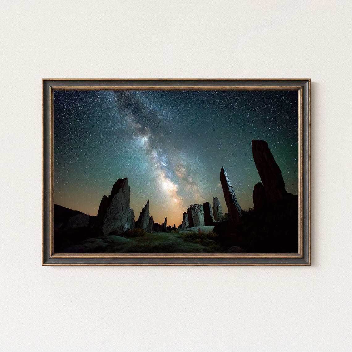 Starry Milky Way Galaxy Over Ancient Stone Spires Night Poster