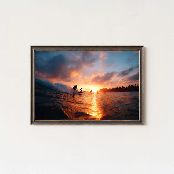 Sunset Surfing Ocean Photography Tropical Beach Wall Art Print