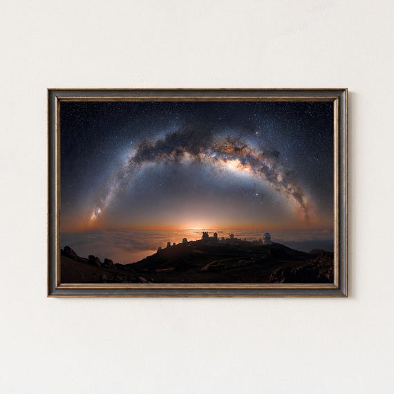 Milky Way Panorama Above Observatory Peak Night Sky Astronomy Landscape Wall Art Print