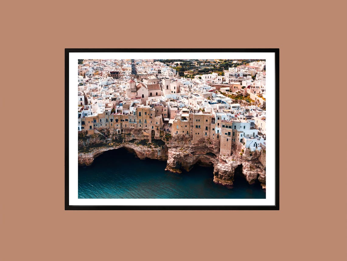 Whitewashed Italian Cliffside Village Mediterranean Coastal Poster