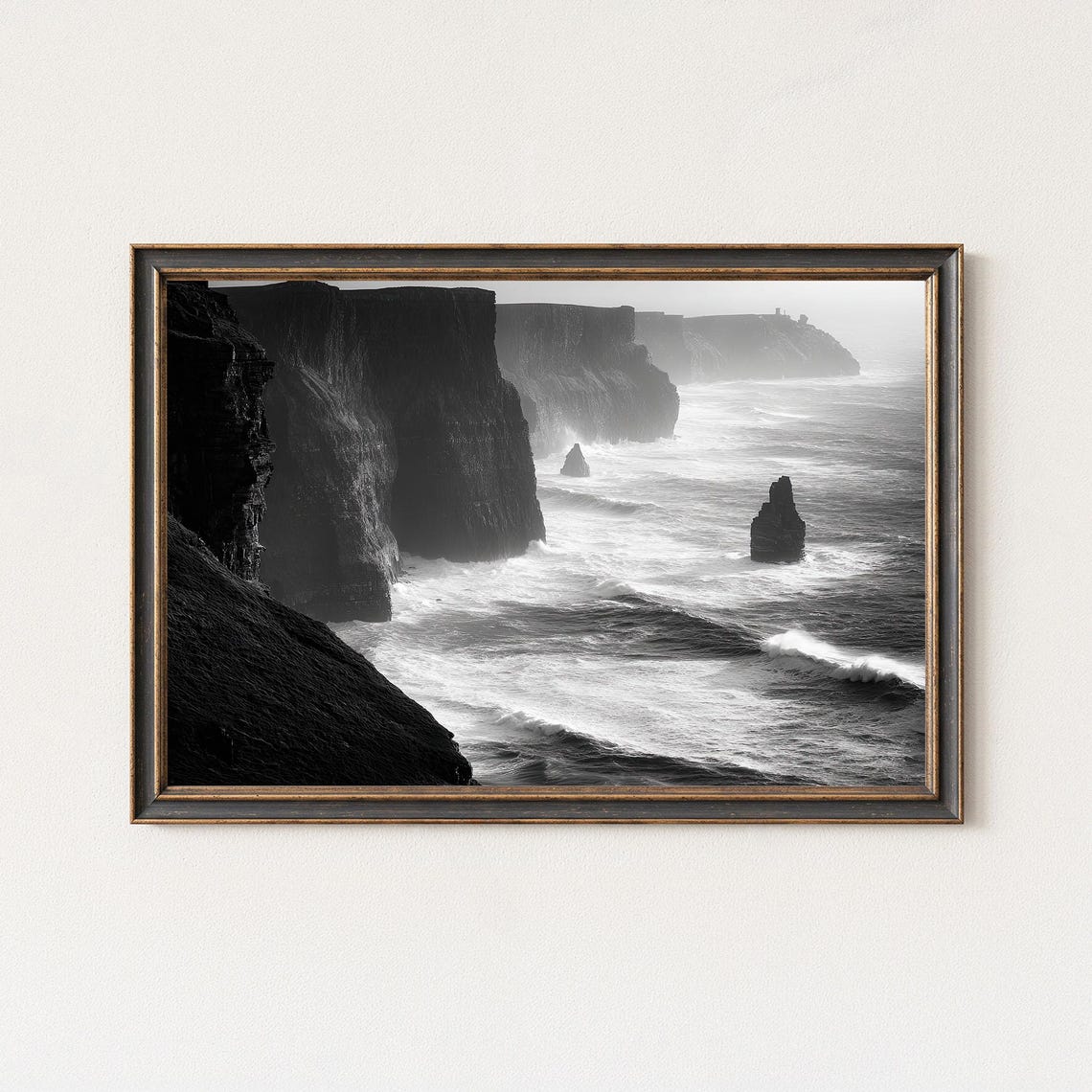 Cliffs Of Moher Misty Ocean Sea Stacks Black And White Photo Poster