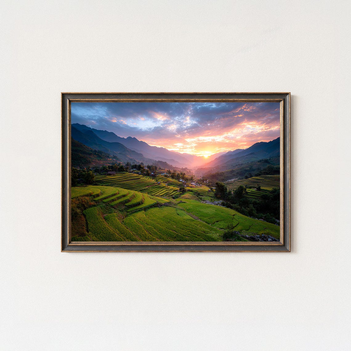 Lush Green Rice Terraces Sunset Mountain Valley Landscape Poster