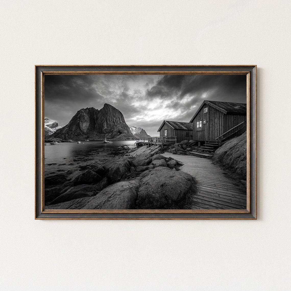 Norway Mountain Cabin Rocky Shore Black And White Photo Print