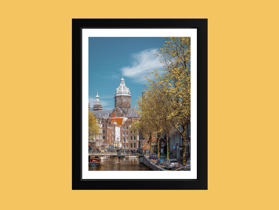Amsterdam Canal Saint Nicholas Basilica Spring Photography Poster