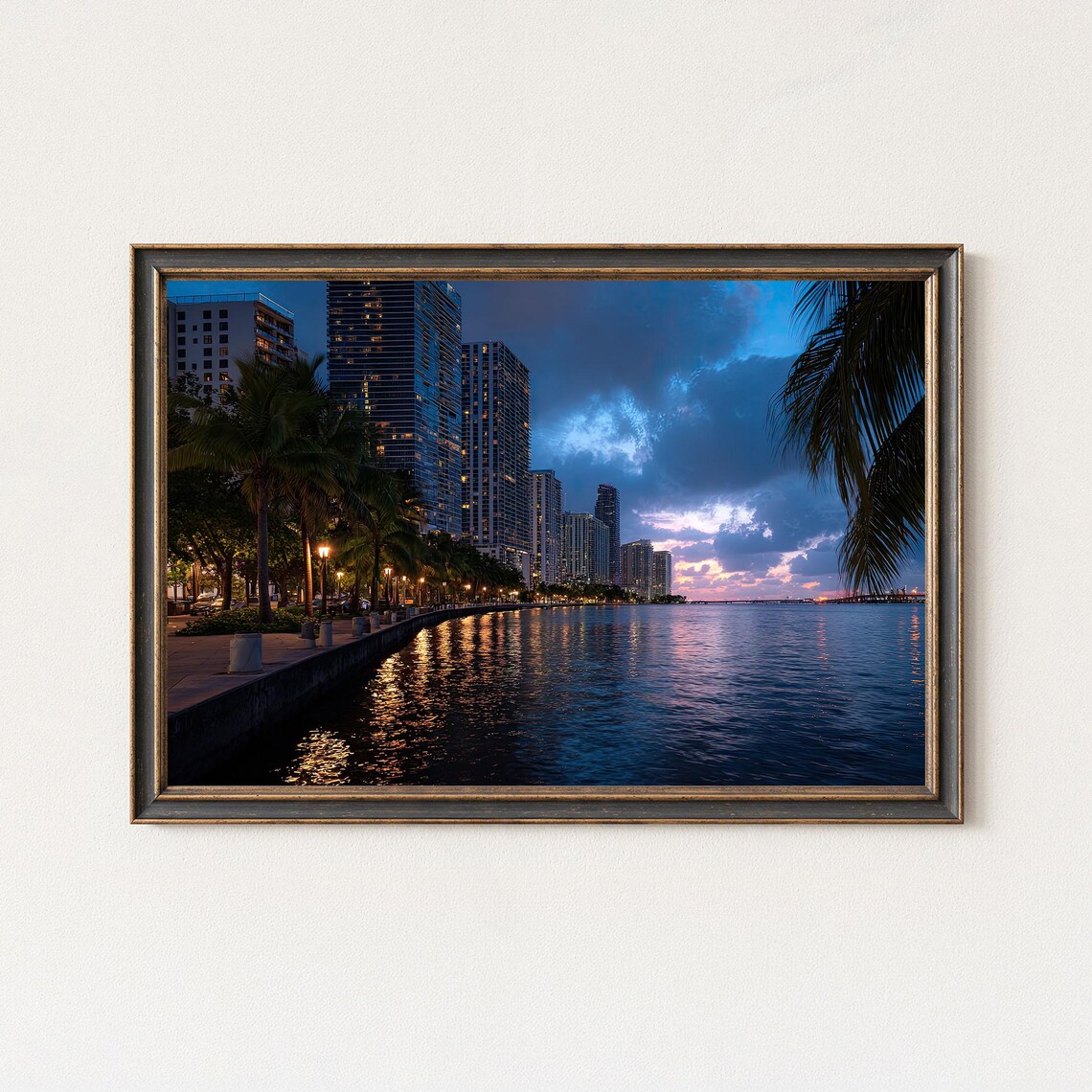 Miami Brickell Waterfront Print Skyline Sunset Coastal Wall Art