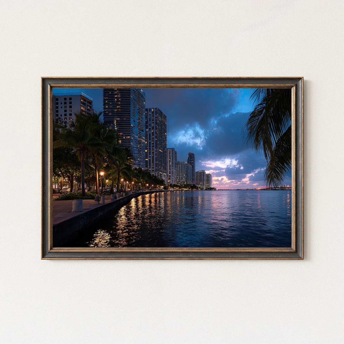 Miami Waterfront Skyline Sunset Palm Trees Coastal Photography Poster