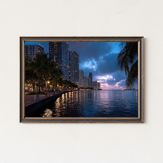 Miami Brickell Waterfront Print Skyline Sunset Coastal Wall Art