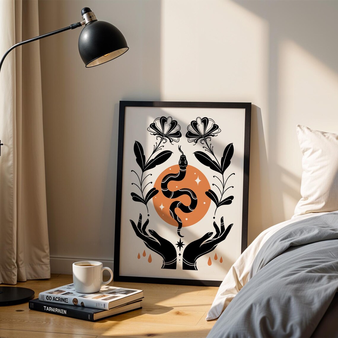 Mystical Snake Flowers And Hands, Symmetrical Art Print - Image 3