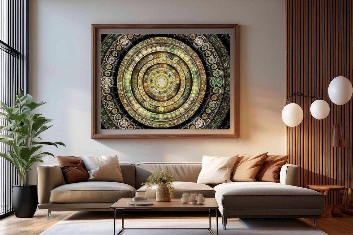 Golden Green Ornate Mandala Circles On Dark Ground Art Poster - Image 2