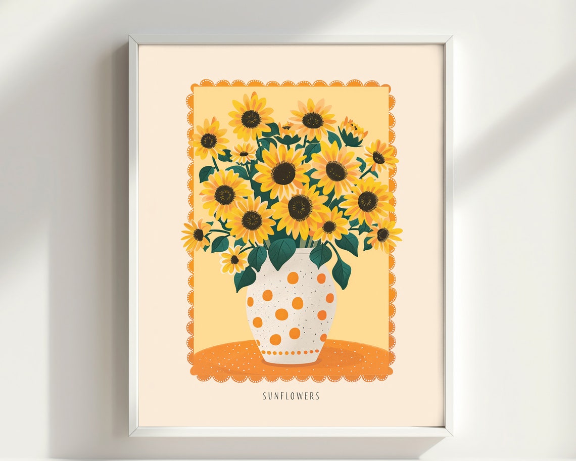 Sunflowers In Polka Dot Vase Vintage Botanical Illustration Print - Image 2