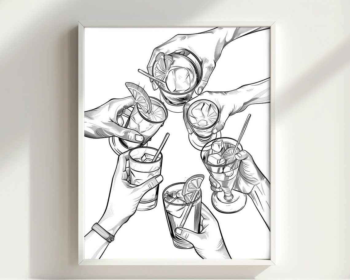 Cheers Cocktail Hands Black White Sketch Toast Celebration Poster - Image 2