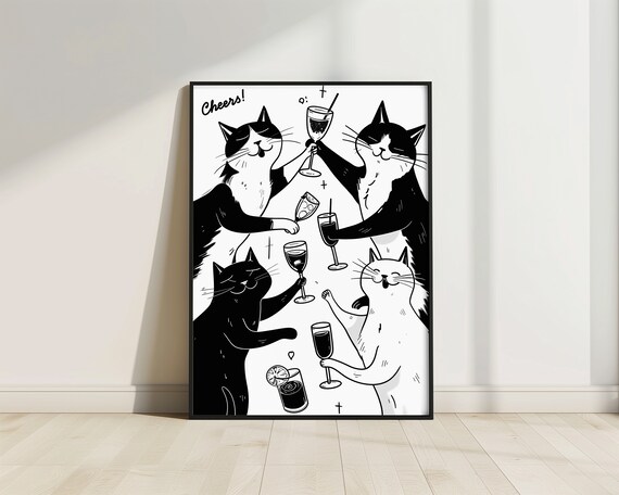 Cheers Cats Celebration Five Cats Cocktail Toast Quote Poster
