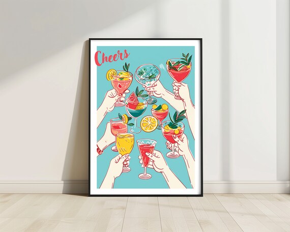 Cheers Cocktail Glasses Toast Retro Illustration Party Wall Art