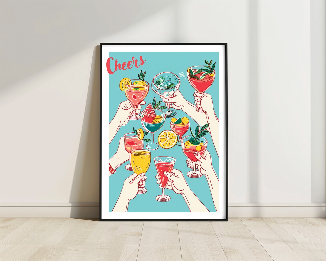 Cheers Cocktail Glasses Toast Retro Illustration Party Wall Art
