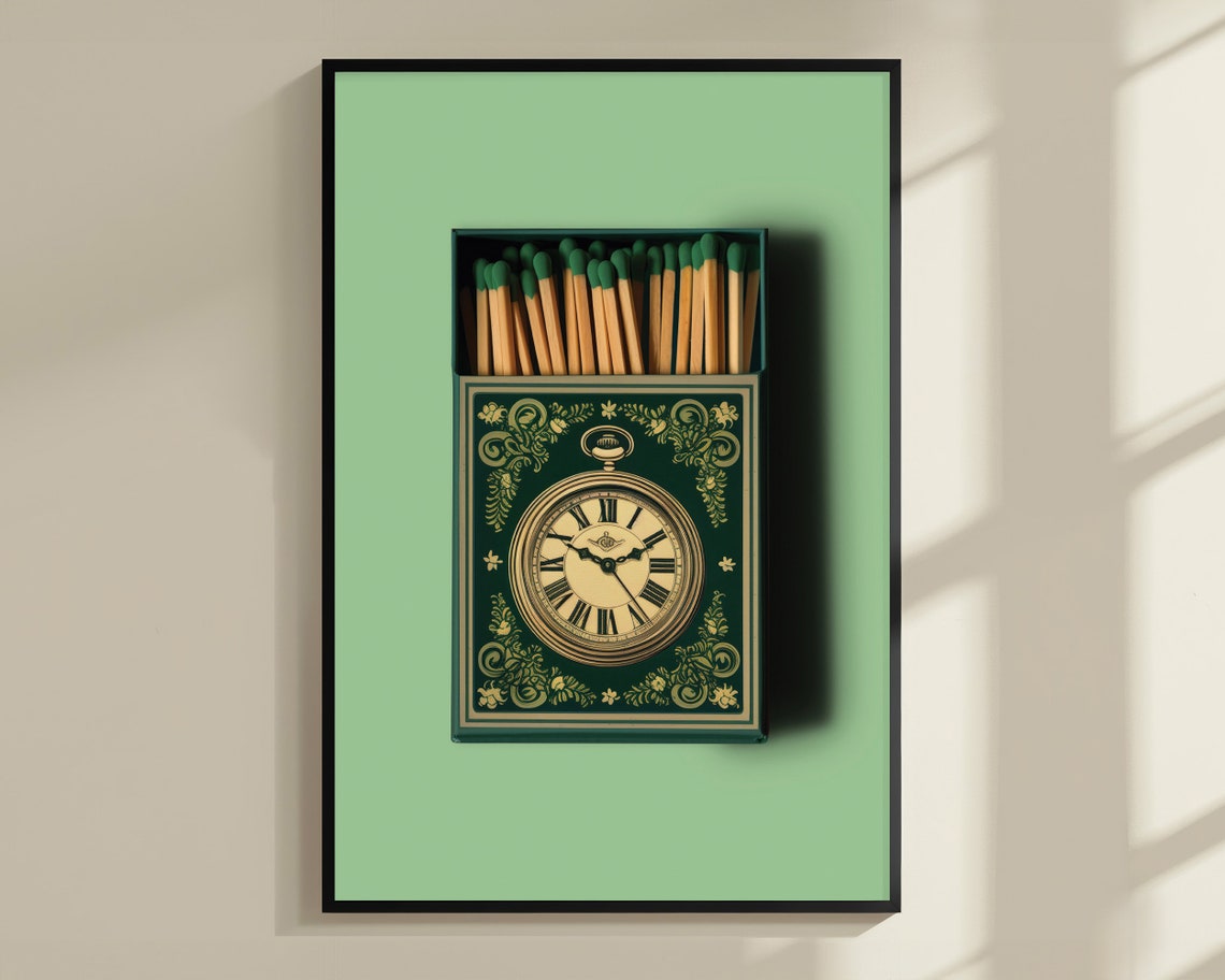 Vintage Pocket Watch Matchbox Retro Green Matchbook Art Poster - Image 3